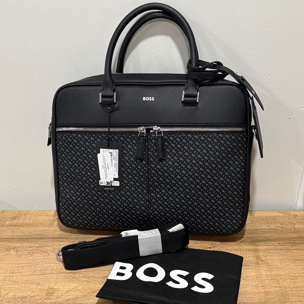 Boss Black Logo-Print Men's Briefcase with Silver Hardware